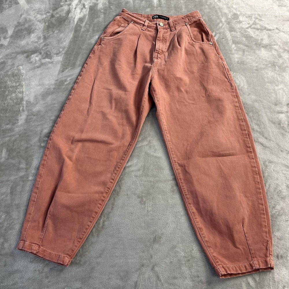 Zara Jeans Womens 00 Pink High Rise Slouchy Barrel Tapered Pleated Denim Pants‎